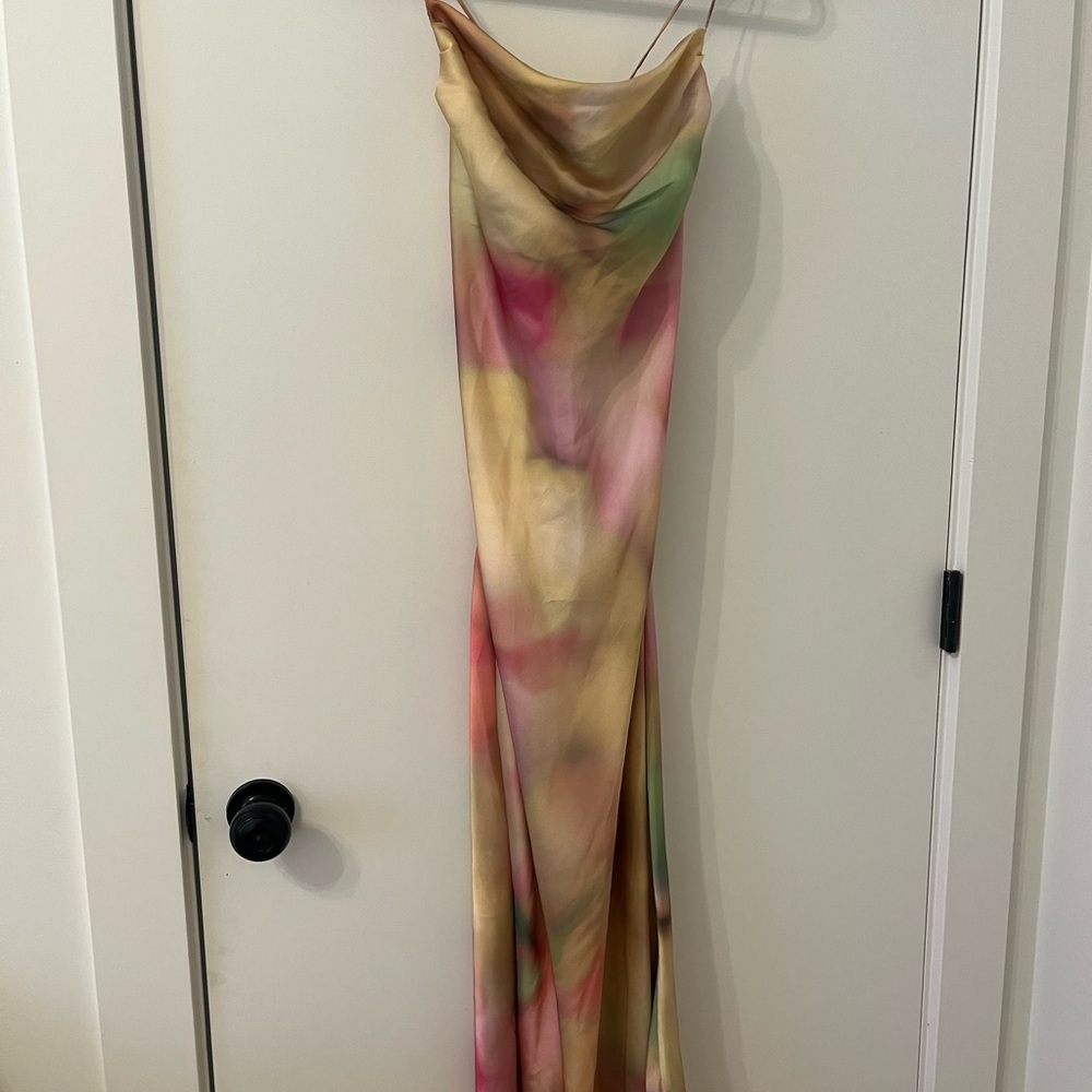 Zara Multicolor Silk-Feel Cowl Neck Maxi Dress